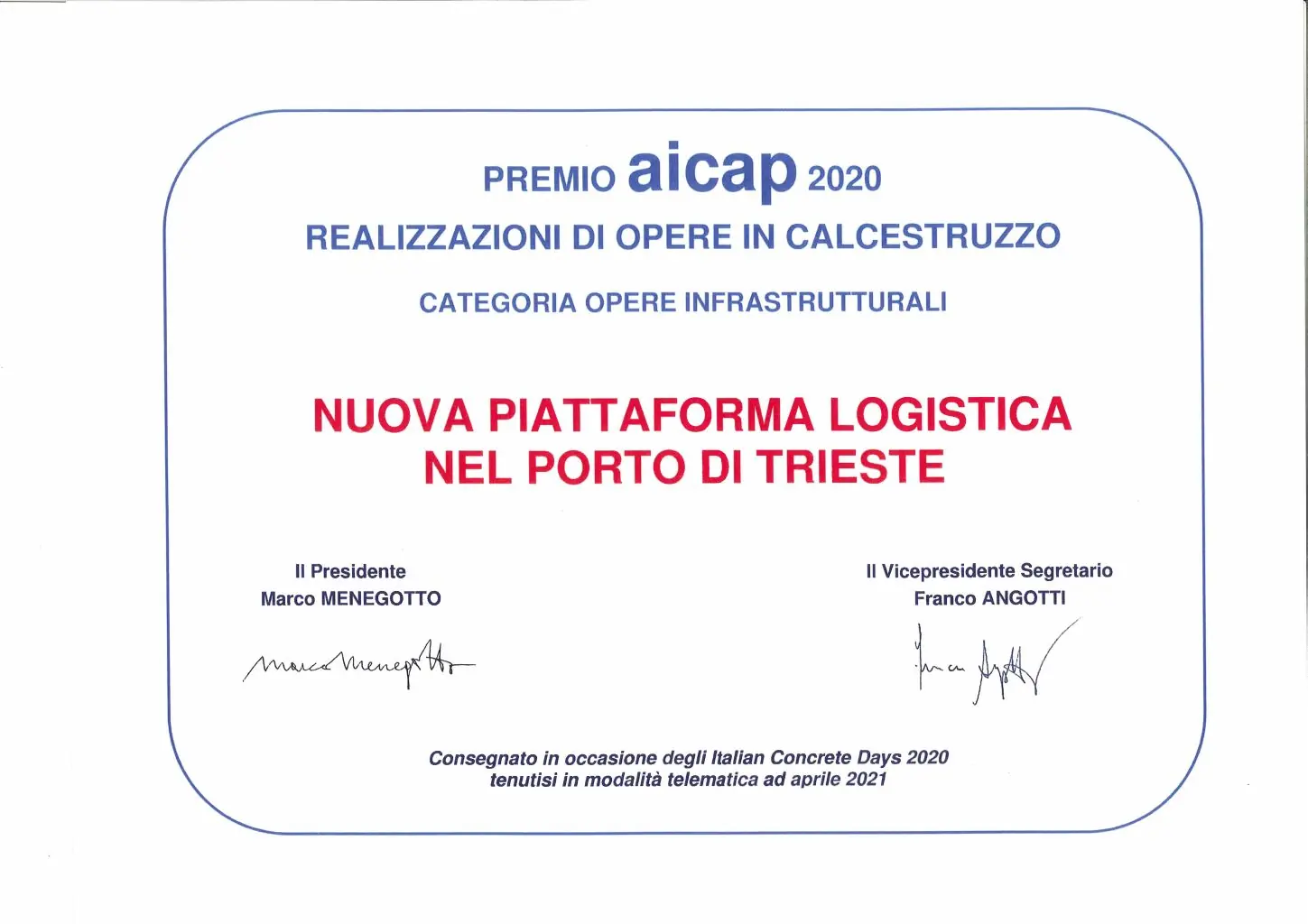 Attestato del Premio AICAP 2020